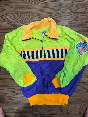 Hotdogger Vintage Colorblock Windbreaker Jacket - Neon Green & Purple